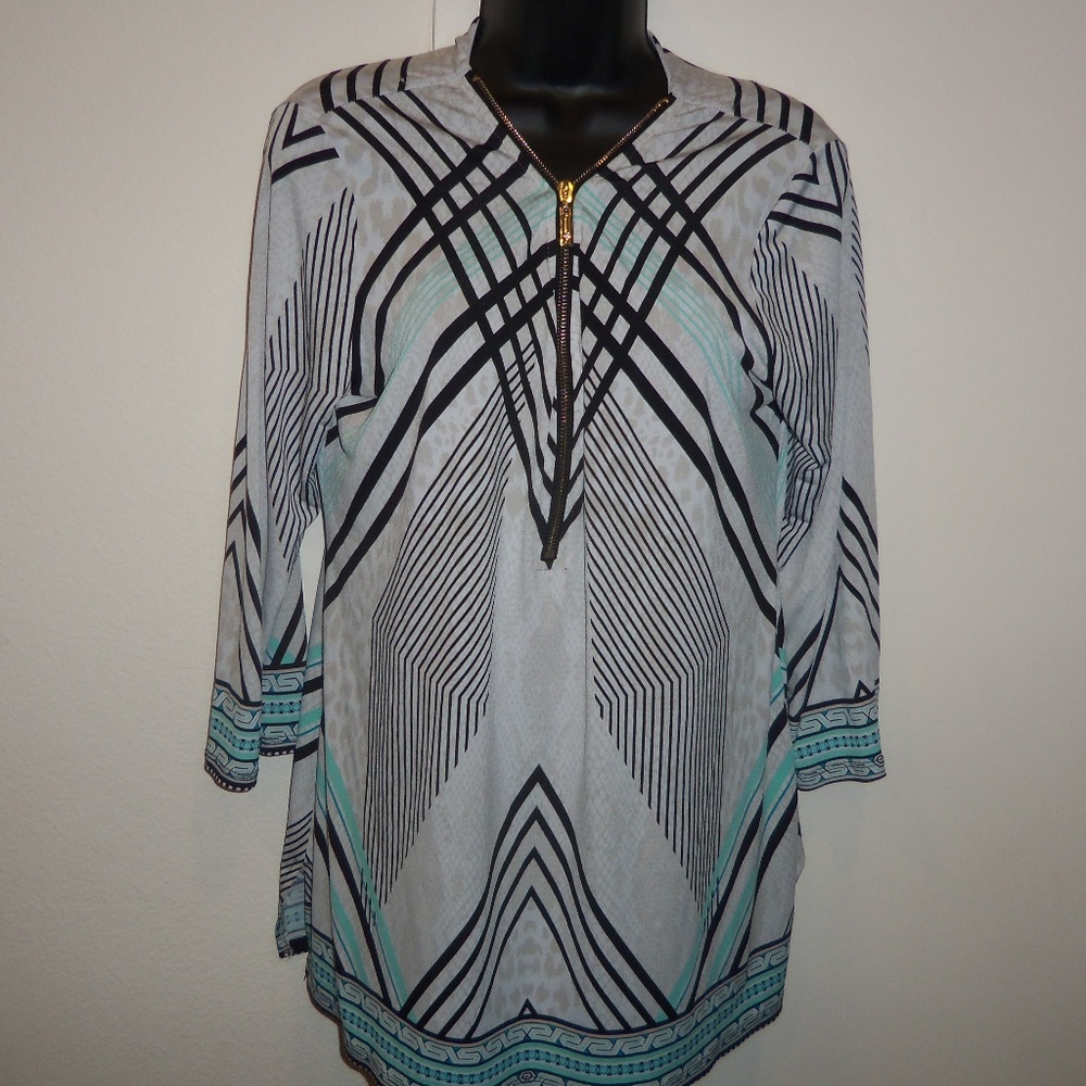 JM Collection Black & Teal Geometric Zip-Neck Tunic Blouse Size M